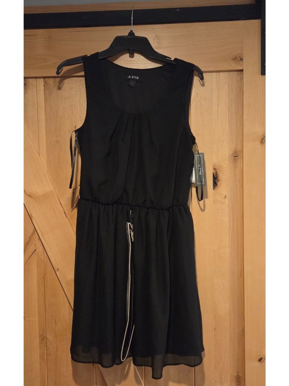 NWT A. Byer Black Sheer Sleeveless Dress Gold Belt Women Sz L Lined Pleated Neck